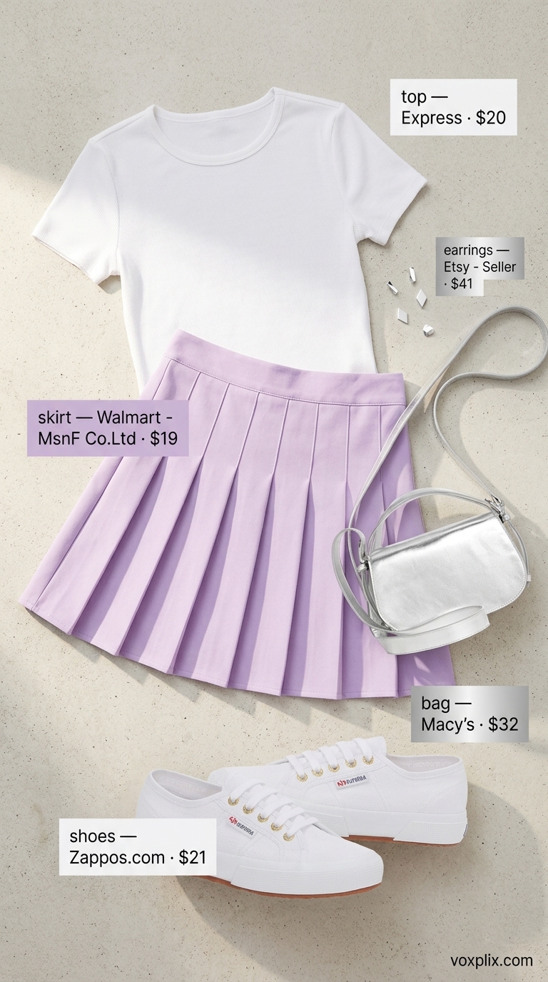 Cute casual summer outfits for women 2026: Lavender mini skirt with white top and sneakers for a playful park day.