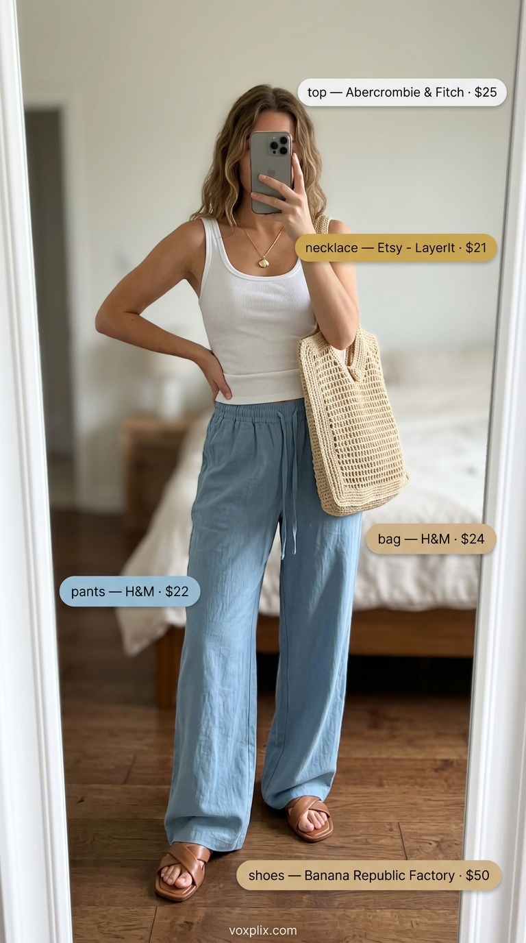 Cute casual summer outfits for women 2026: Sky blue linen pants, white tank, tan slides for seaside style.