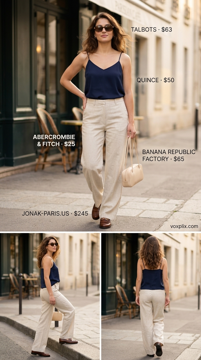 Cute casual summer outfits for women 2026: Beige linen trousers, navy cami, brown loafers for coffee date.