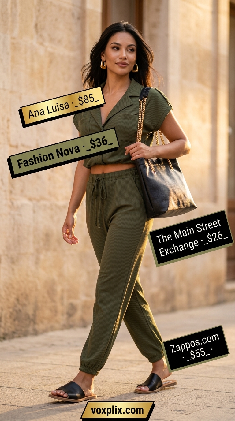 Cute casual summer outfits for women 2026: Olive green utility jumpsuit with black sandals for urban exploration.
