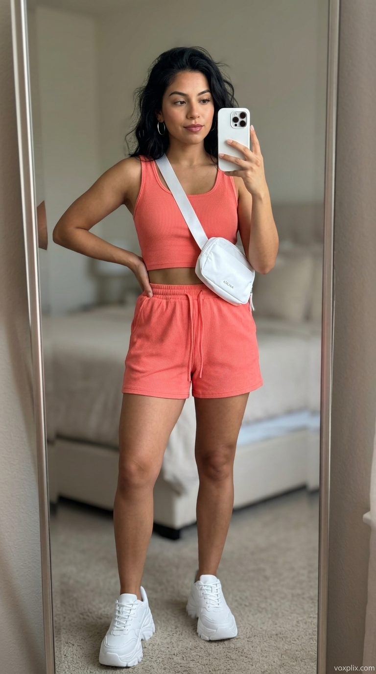 Cute casual summer outfit for women 2026: Coral matching set with white sneakers and belt bag for a park day.