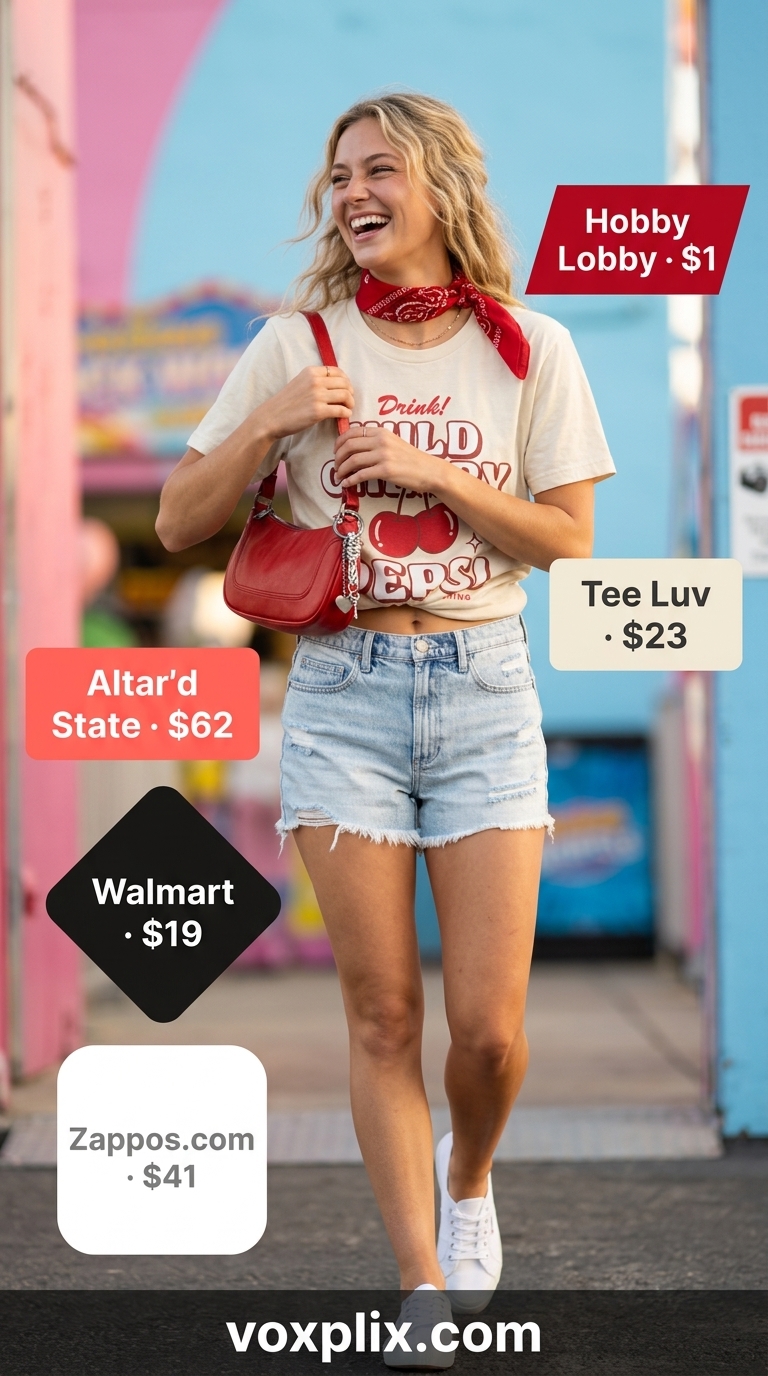 Cute casual summer outfits for women 2026: Retro diner style with denim shorts, graphic tee, and red bandana.