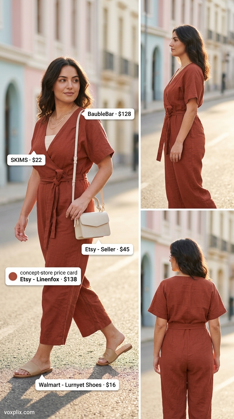 Cute casual summer outfits for women 2026: Terracotta romper with tan slides for sunny city sightseeing.
