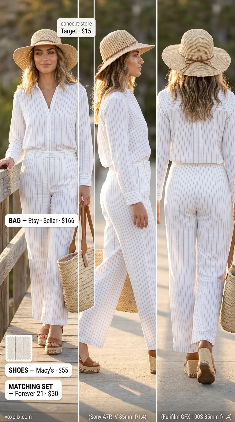 Cute casual summer outfits for women 2026: Blue stripe linen set with espadrille wedges for coastal brunch.