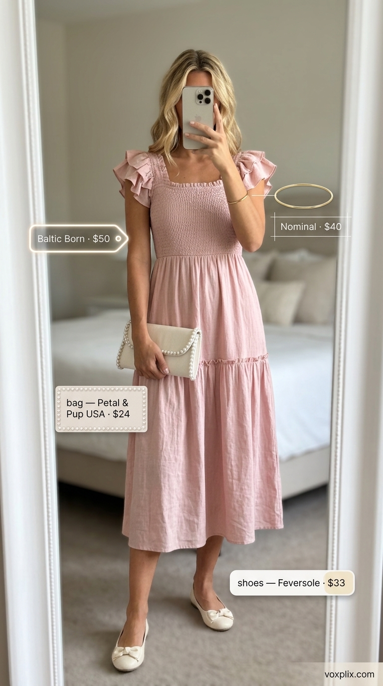 Cute casual summer outfits for women 2026: Dusty rose midi sundress with cream ballet flats for a pastel picnic.