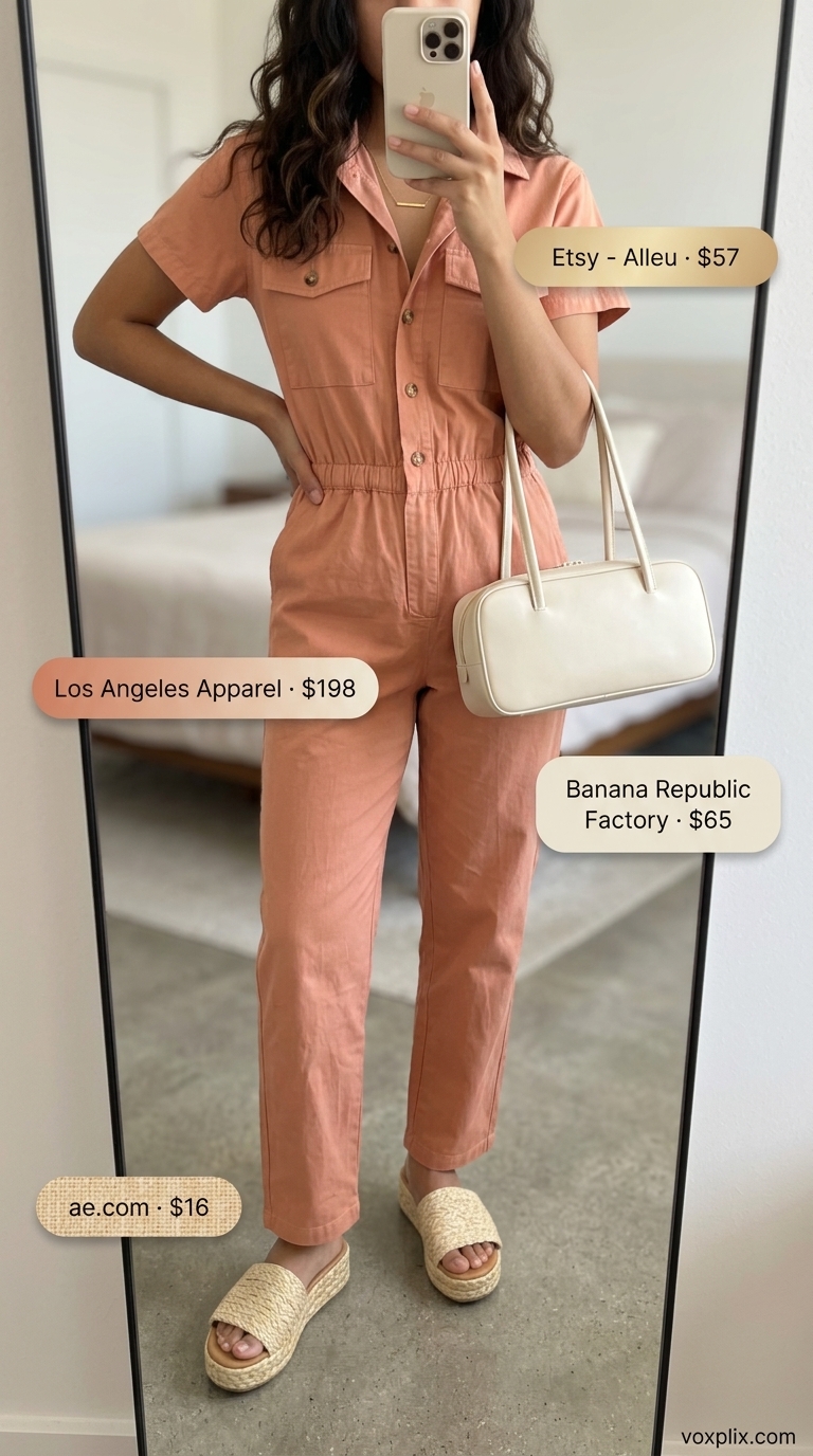 Cute casual summer outfits for women 2026: Terracotta utility jumpsuit with ivory espadrilles for travel chic.