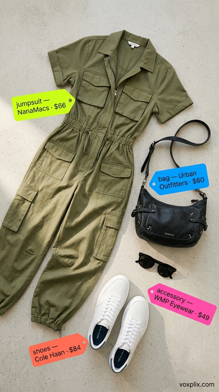 Cute casual summer outfits for women 2026: Olive green utility jumpsuit for urban exploring and city sightseeing.