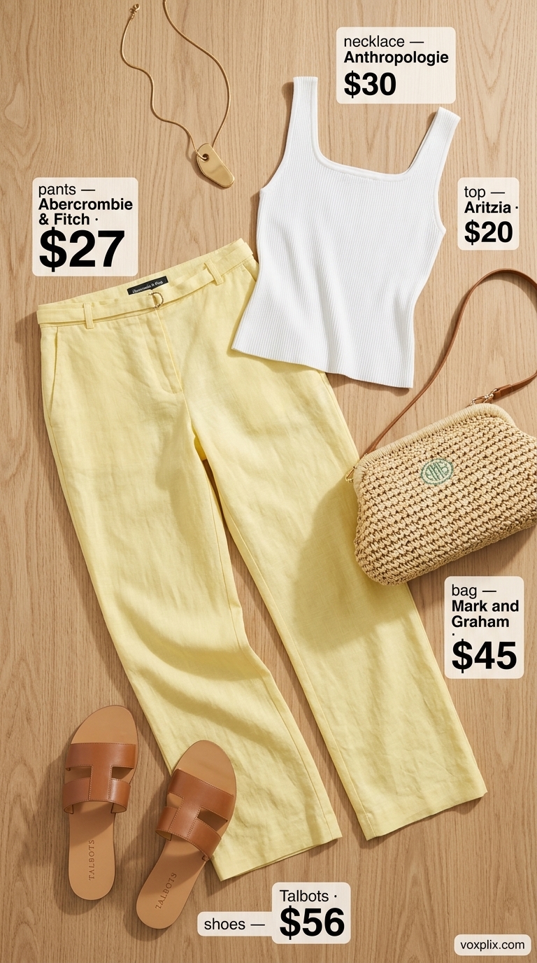 Cute casual summer outfits for women 2026: Yellow linen pants with white tank and sandals for sunny brunch.