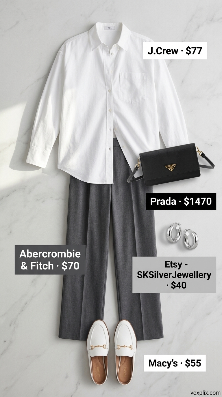Cute casual summer outfits for women 2026: Charcoal wide-leg pants, white oversized shirt, silver jewelry for chic casual.