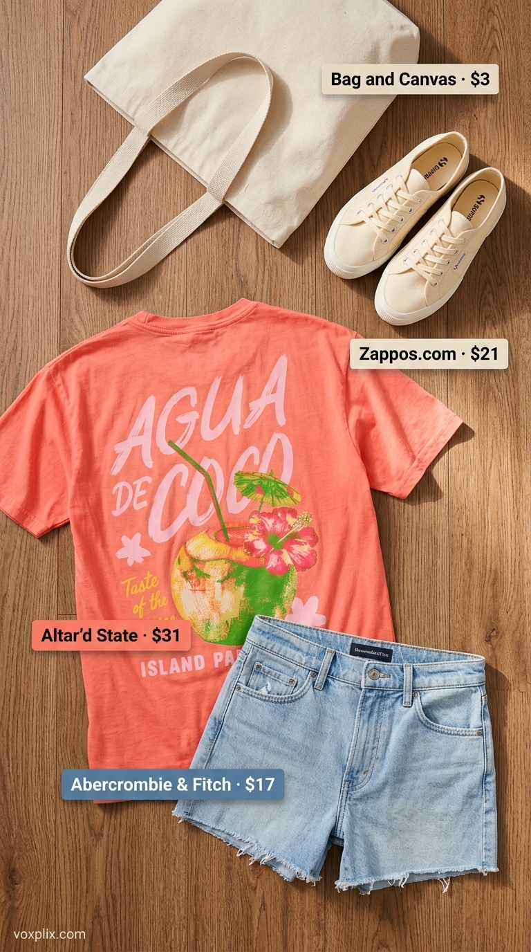 Cute casual summer outfits for women 2026: Distressed denim shorts, coral graphic tee, canvas tote for errands.