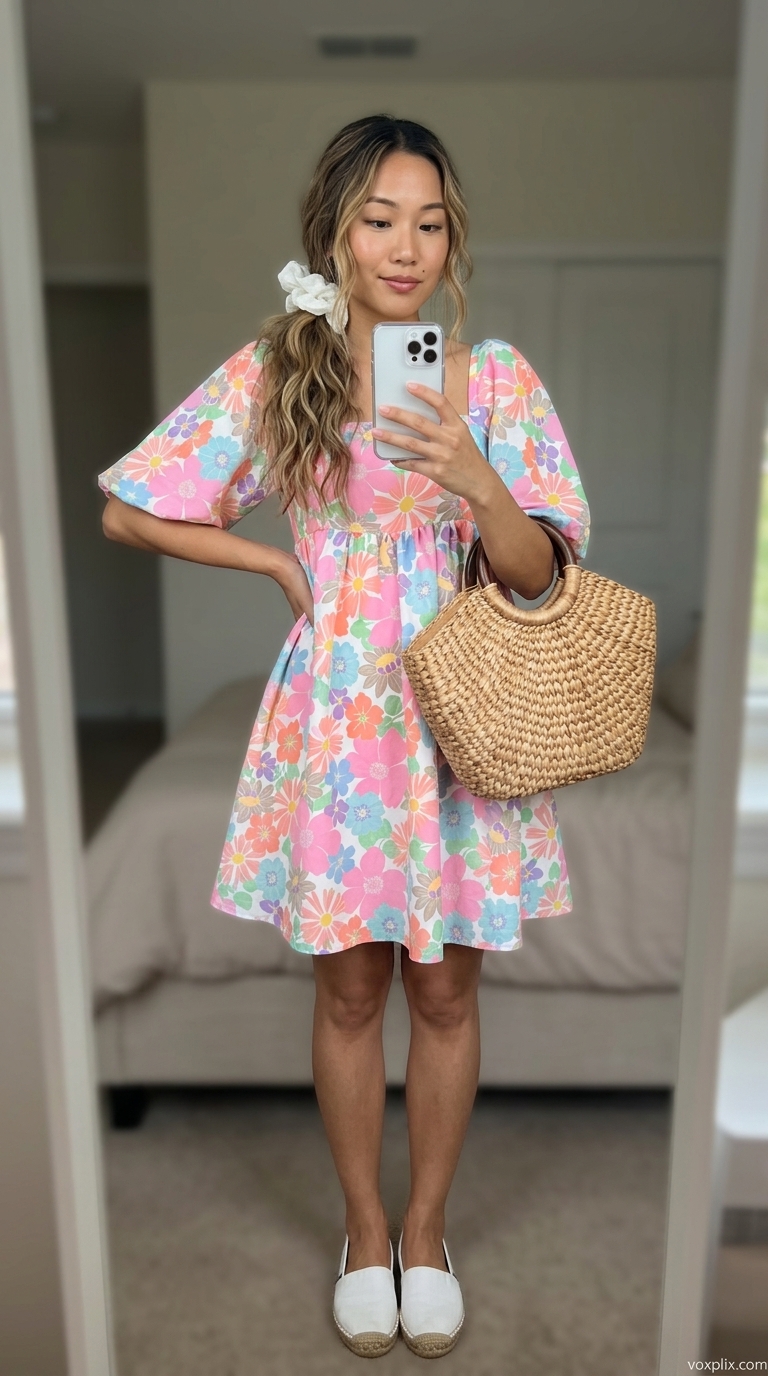 Cute casual summer outfits for women 2026: Pink floral babydoll dress, wicker bag, espadrille flats for a picnic.
