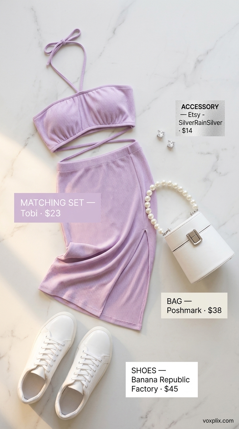 Cute casual summer outfits for women 2026: Lavender knit set, white sneakers, mini bag for a girls' day out.