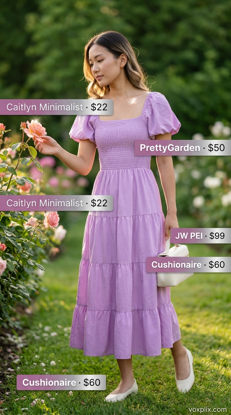 Cute casual summer outfits for women 2026: Lavender smocked dress, white ballet flats, silver earrings for a garden party.