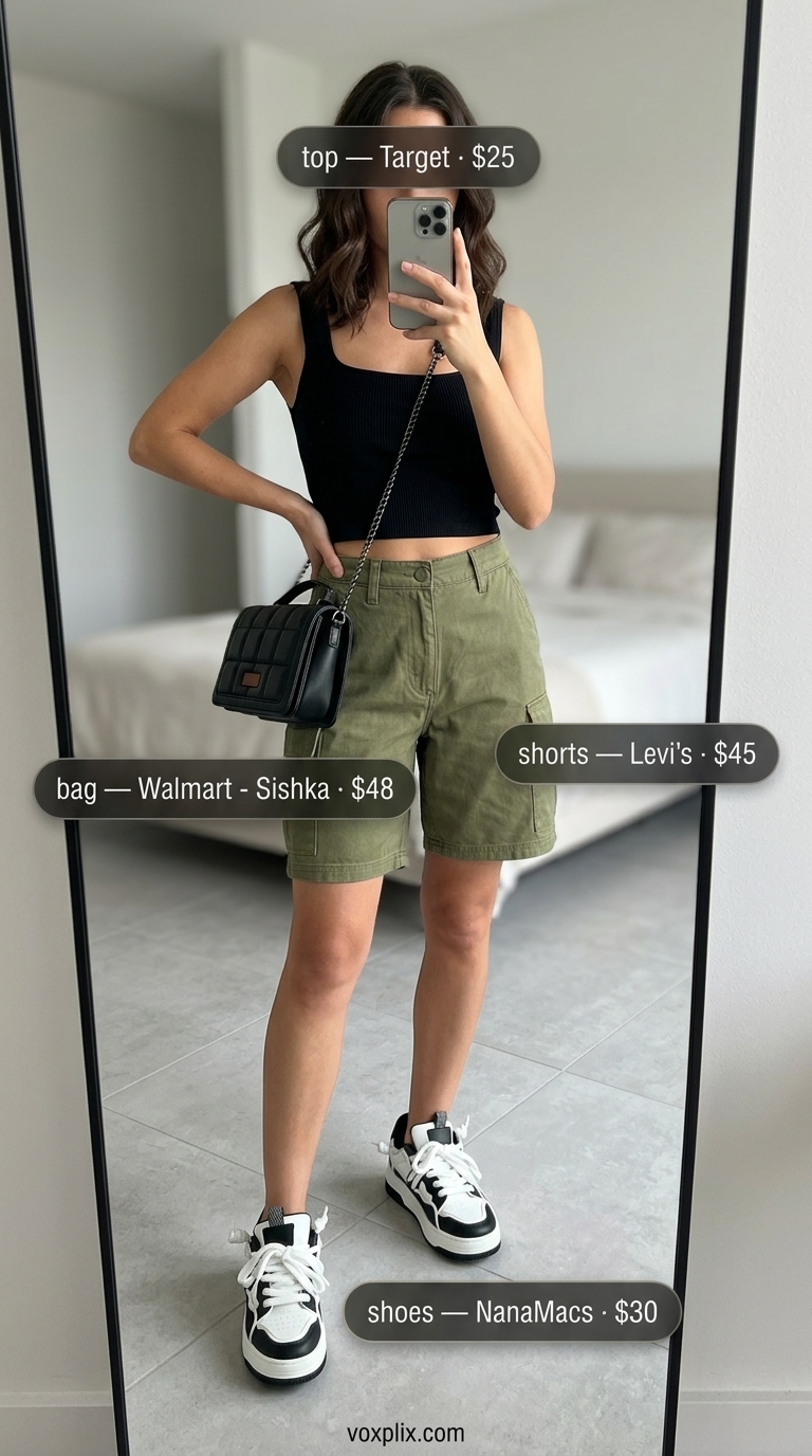 Cute casual summer outfits for women 2026: Olive cargo shorts, black crop top, platform sneakers for city exploration.