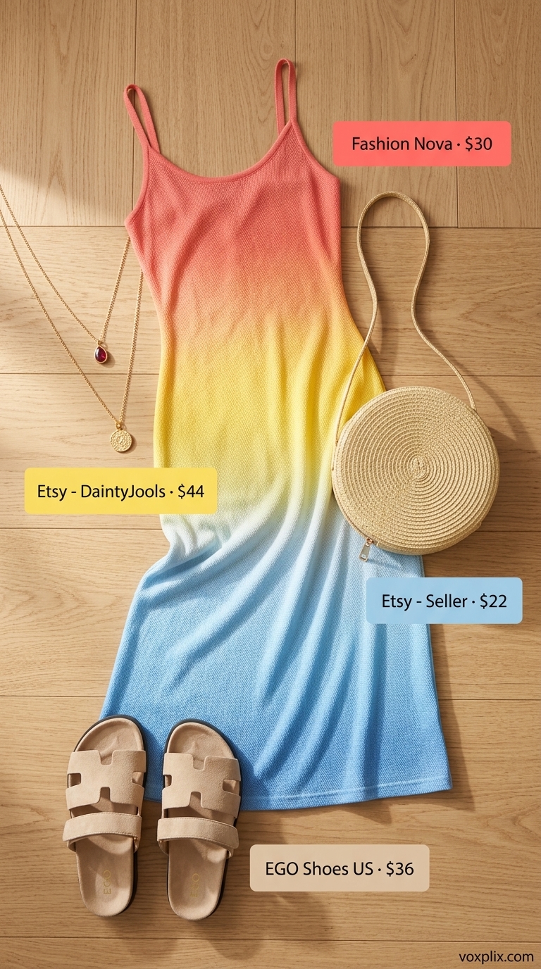 Cute casual summer outfits for women 2026: Ombre maxi dress, straw hat, gladiator sandals for a boho concert.