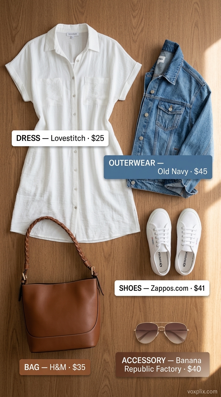 Cute casual summer outfits for women 2026: White shirtdress, denim jacket, canvas sneakers for farmer's market.