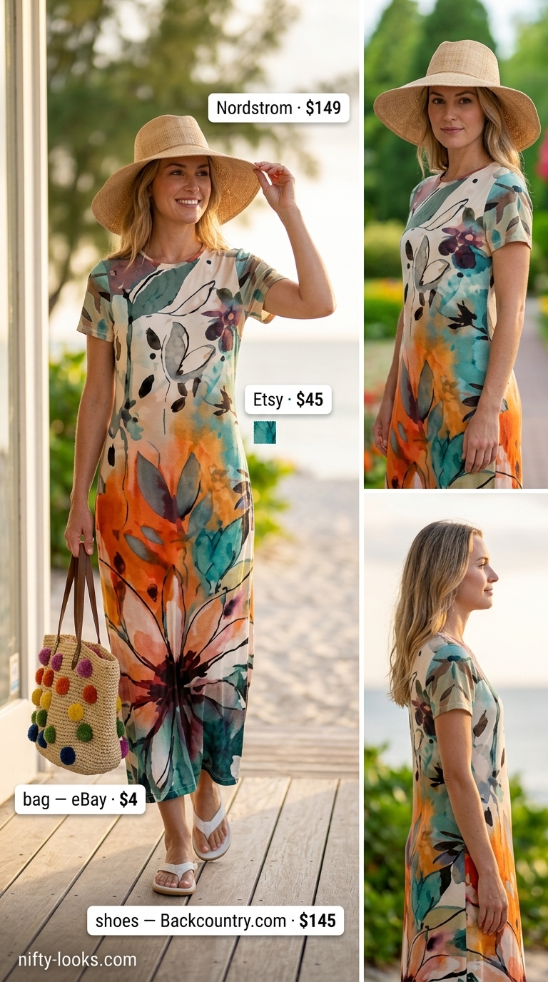 Vibrant beach maxi dress outfit for women 2026: abstract print dress, straw hat, leather sandals, and pom-pom tote.