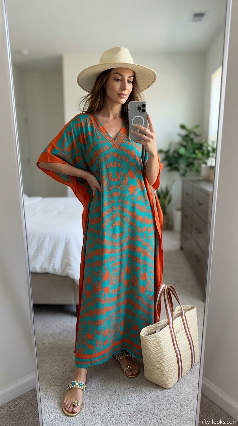 Bohemian beach dress outfit for women 2026: teal/orange abstract maxi caftan, straw hat, straw tote, and embellished sandals.