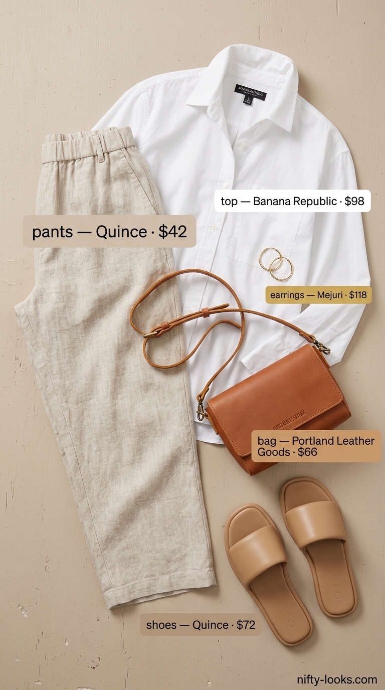 Chic beige linen pants outfit for women 2026: wide-leg linen pants, oversized white shirt, leather slides, gold hoops.