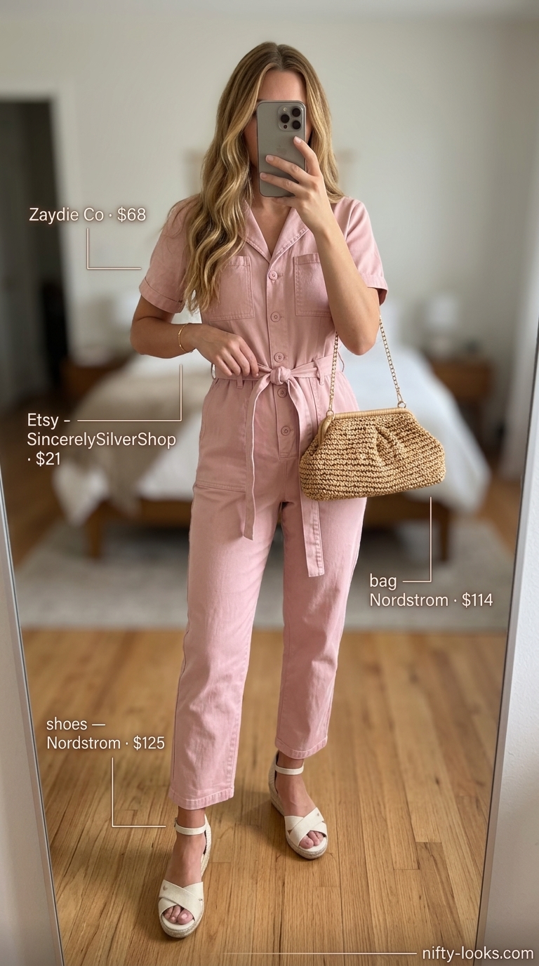 Cute summer clothes for women 2026: Blush pink jumpsuit, espadrilles, and straw clutch for casual day out.