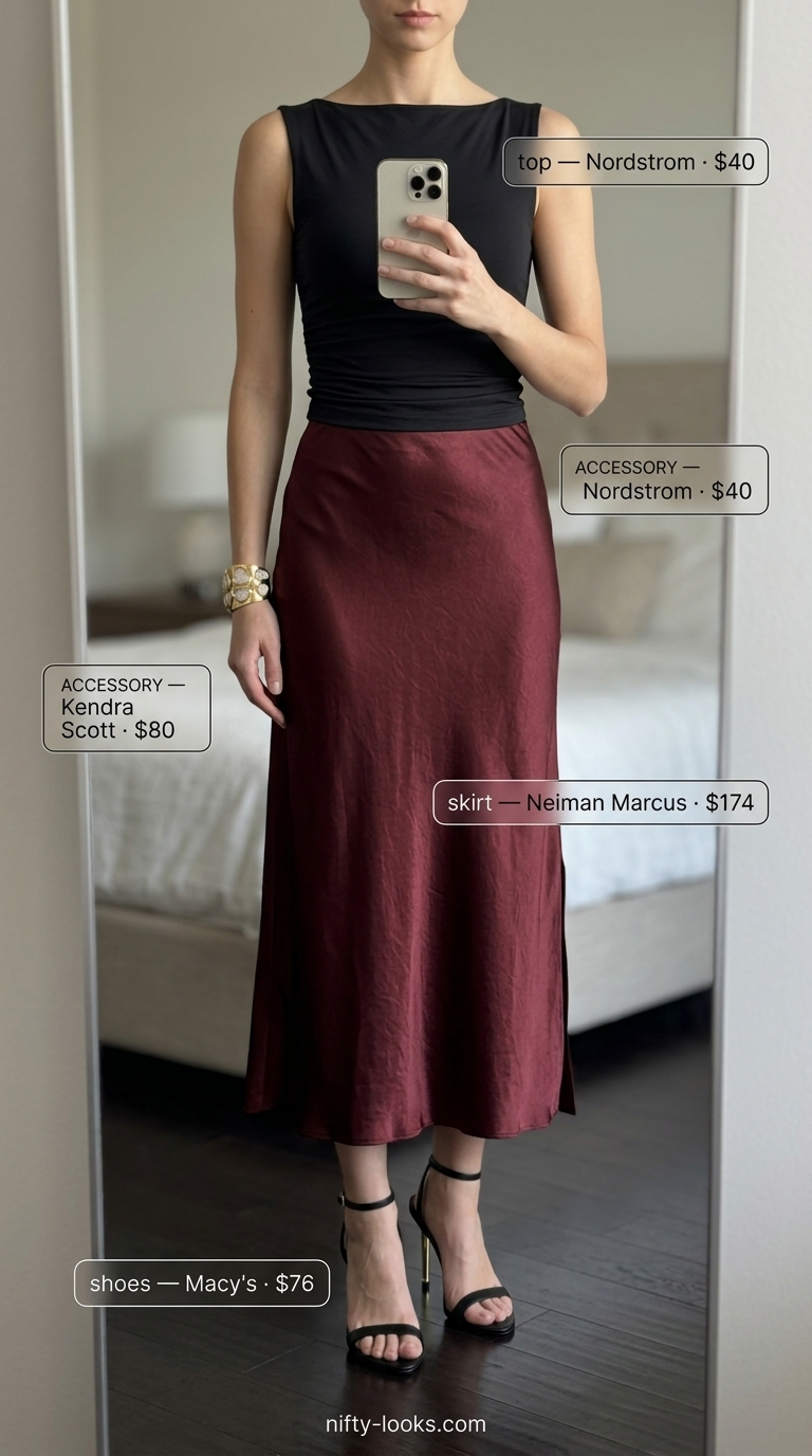 Elegant burgundy midi skirt outfit for women 2026: black knit top, stiletto heels, statement cuff, and clutch.