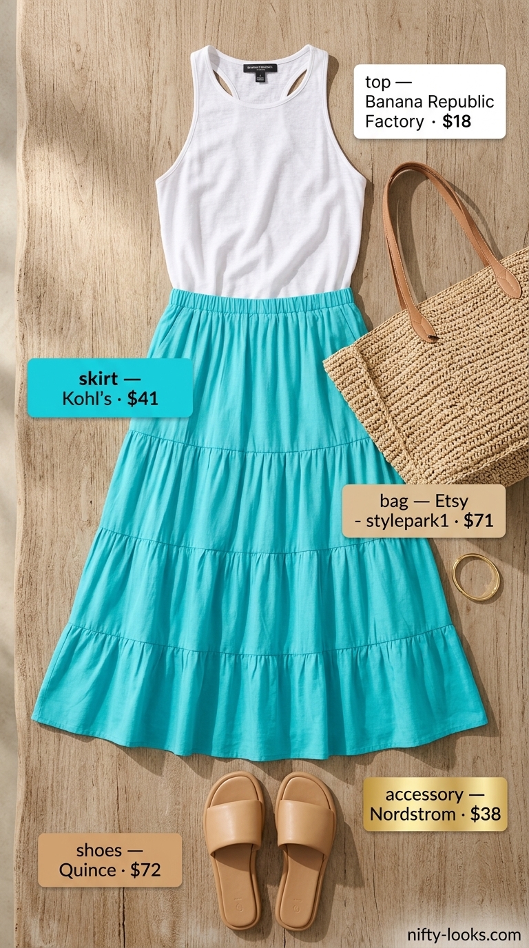 Cute summer clothes for women 2026: Seafoam green tiered midi skirt, white linen tank, and straw tote for beach day.