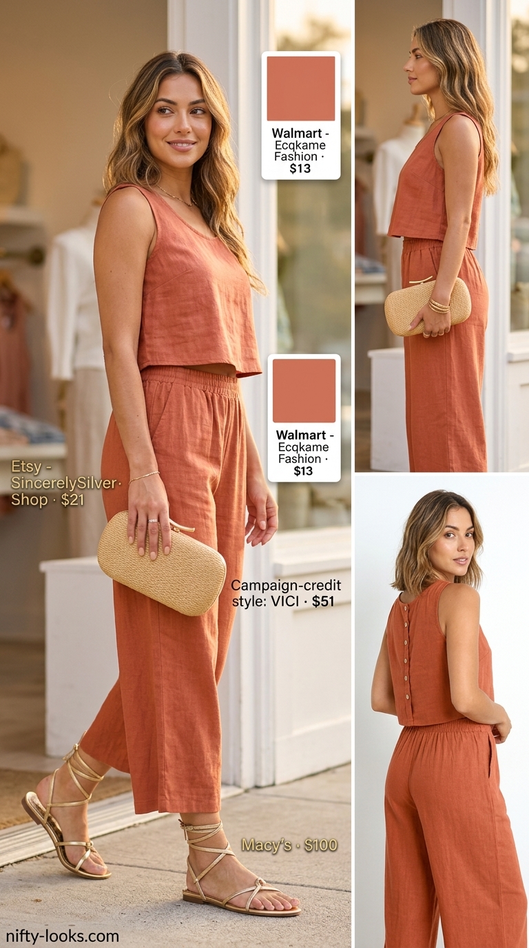 Cute summer clothes for women 2026: Coral linen matching set, gold sandals, straw clutch for vacation.