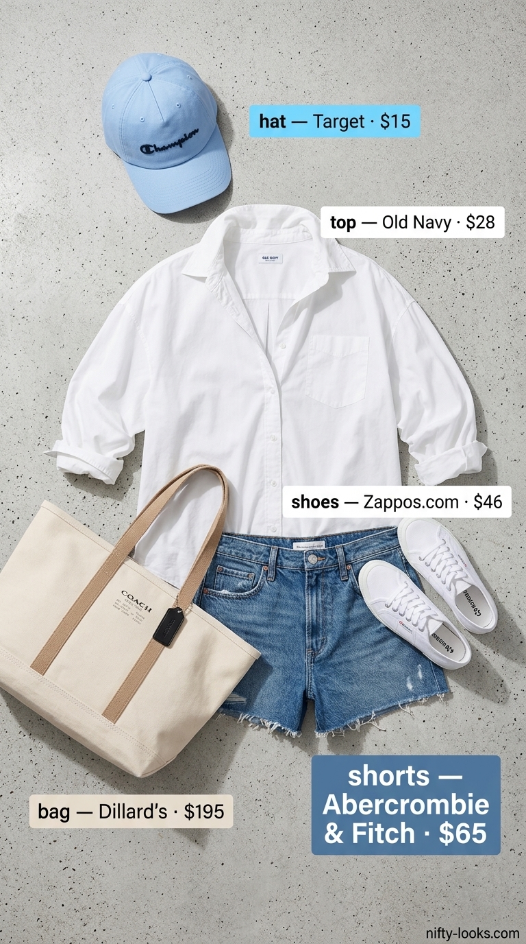 Casual city explorer outfit for women 2026: denim shorts, oversized white shirt, canvas sneakers, and a baseball cap.