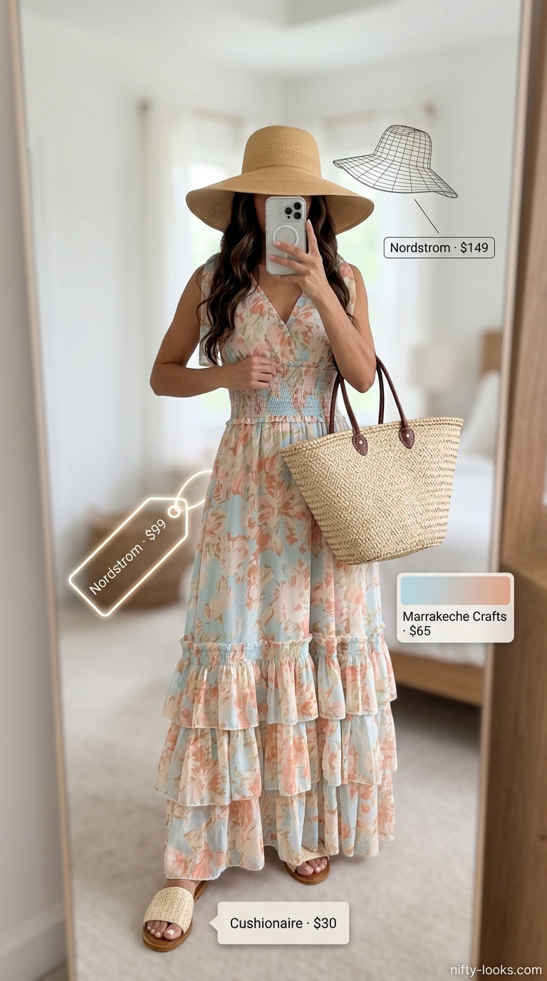 Cute summer clothes for women 2026: Coral floral maxi dress, straw hat, and tote for beach vacation.