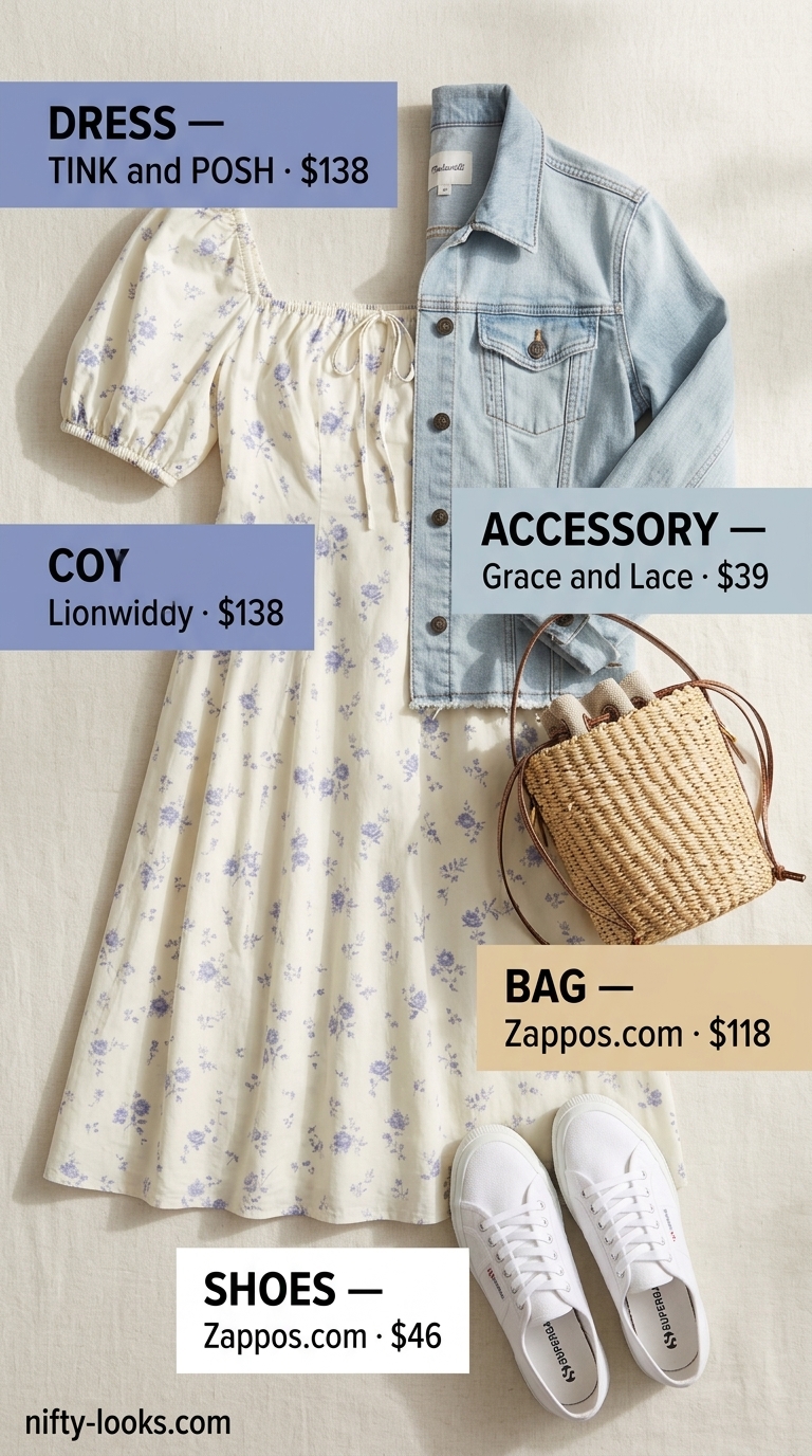 Cute summer clothes for women 2026: Pastel floral midi dress, denim jacket, and straw bag for garden party.