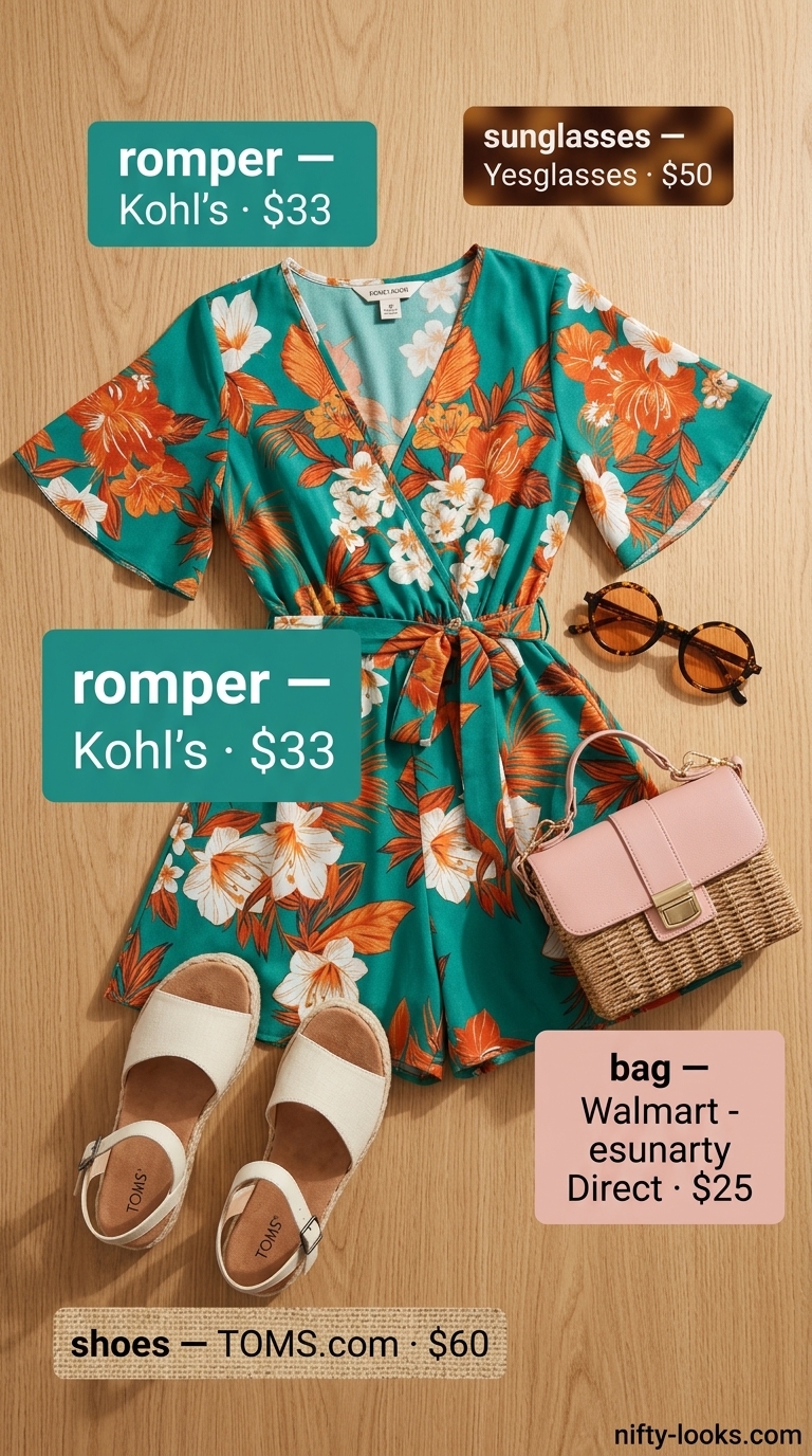 Vacation romper outfit for women 2026: floral print romper, straw crossbody bag, espadrilles, and tortoiseshell sunglasses.