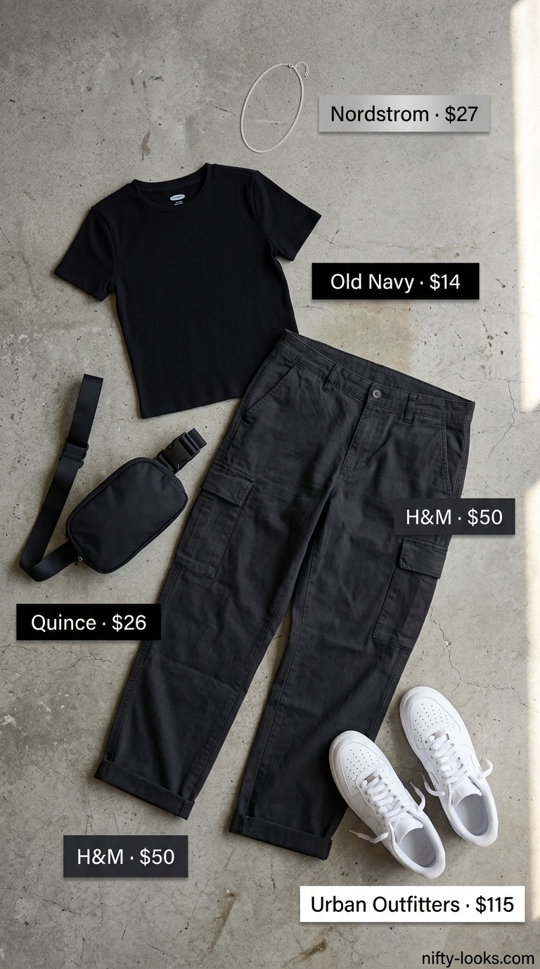 Edgy khaki cargo pants outfit for women 2026: cargo pants, fitted tee, chunky sneakers, belt bag, and silver necklace.