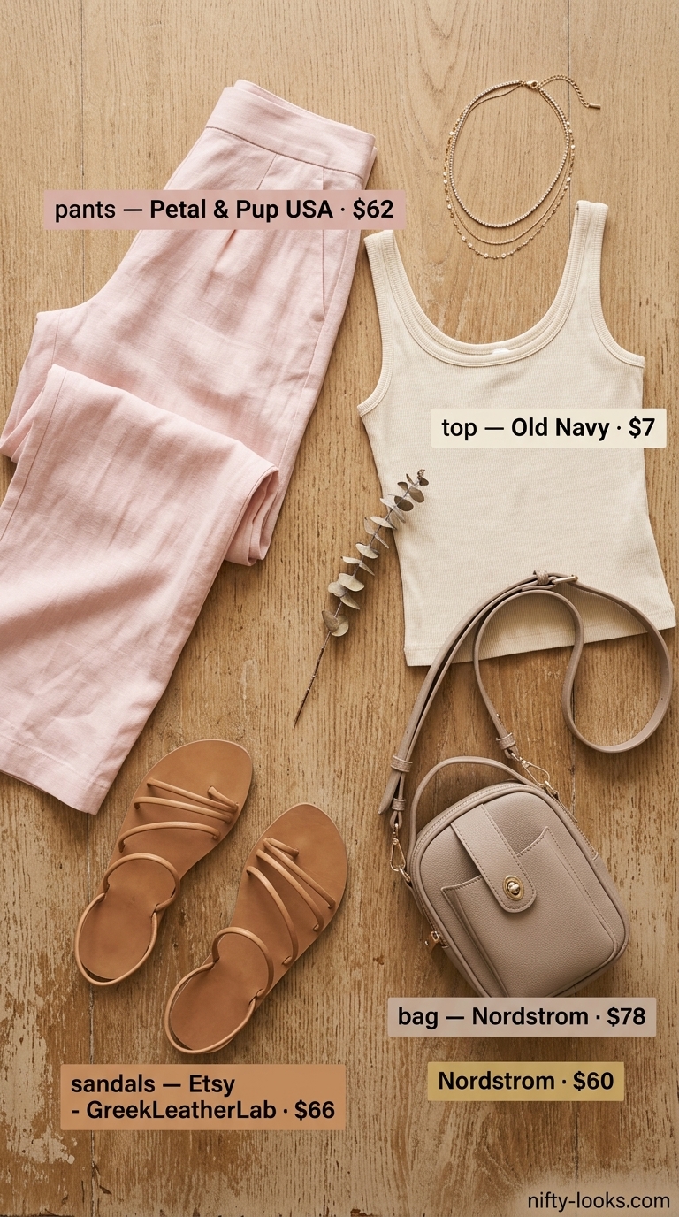 Cute summer clothes for women 2026: Blush pink linen pants, cream tank, and gold necklaces for evening out.