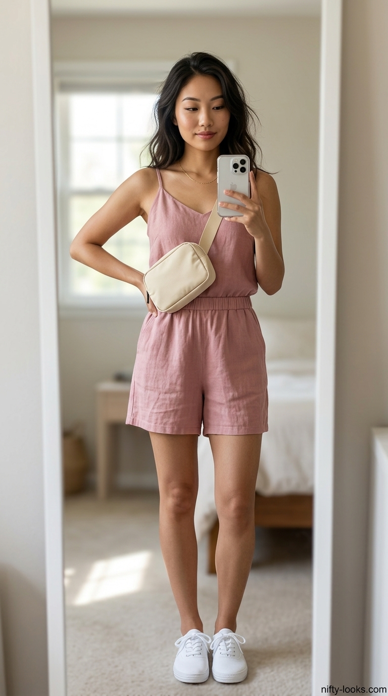Cute summer clothes for women 2026: Blush pink linen romper, white sneakers, canvas bag for casual chic.