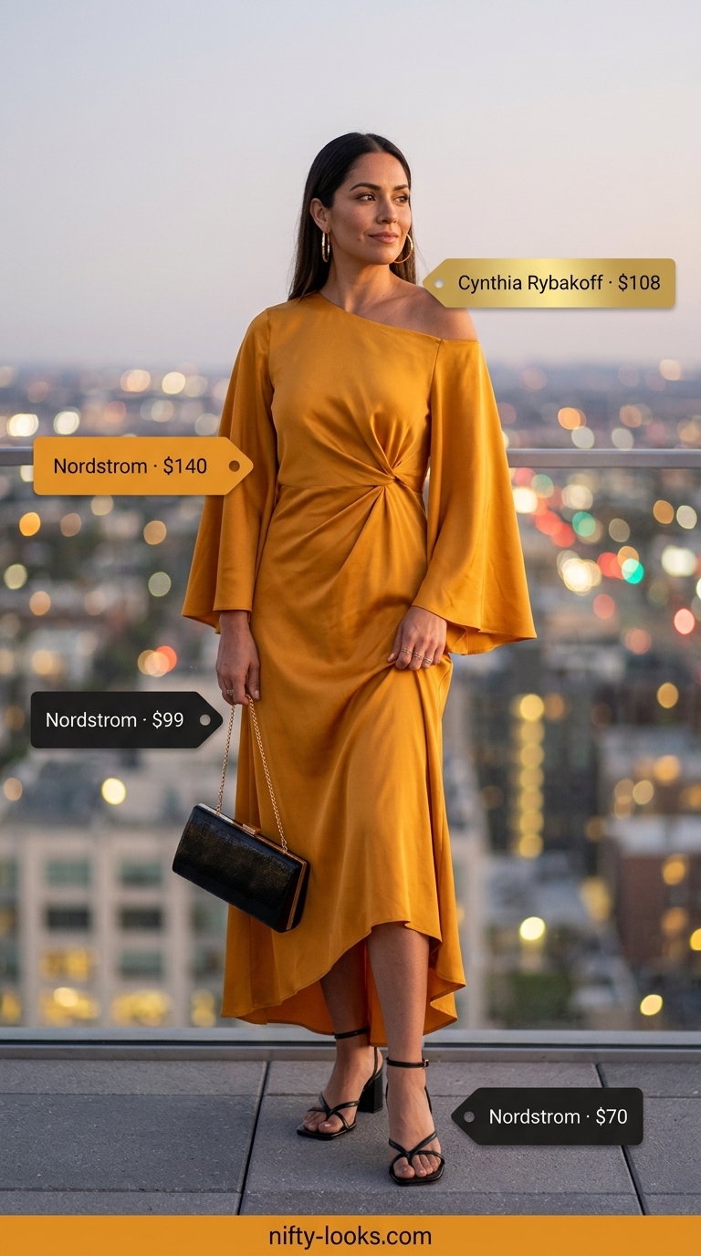 Cute summer clothes for women 2026: Mango orange wrap dress, heeled sandals, gold hoops for rooftop.