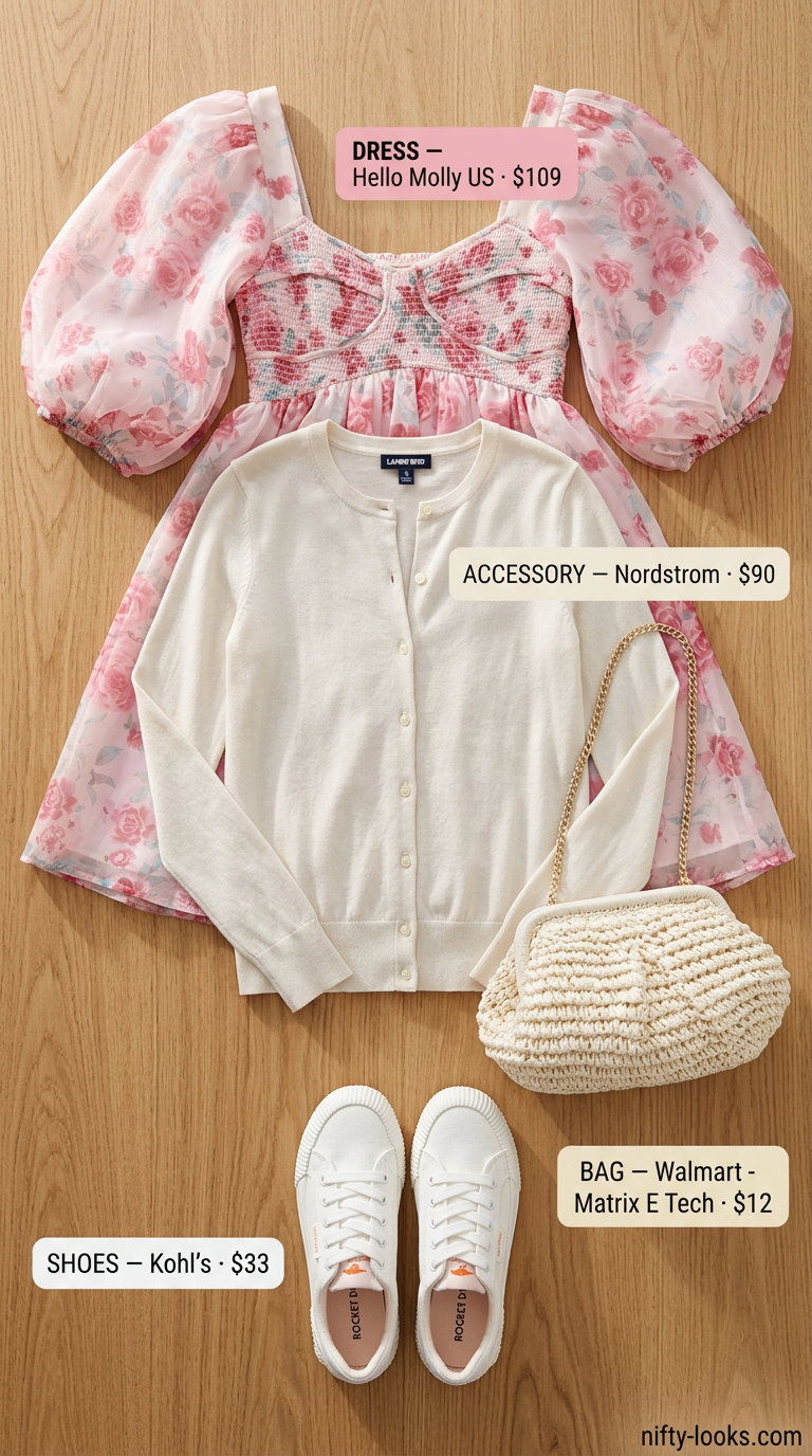Cute summer clothes for women 2026: Pastel pink floral mini dress, white cardigan, and sneakers for a picnic.