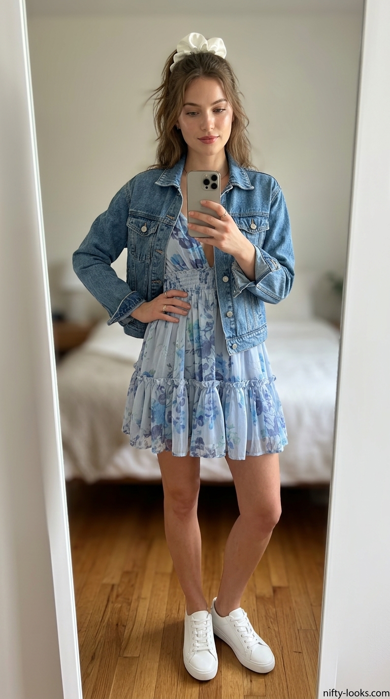 Cute summer clothes for women 2026: Pastel blue floral sundress, white sneakers, denim jacket for a picnic.