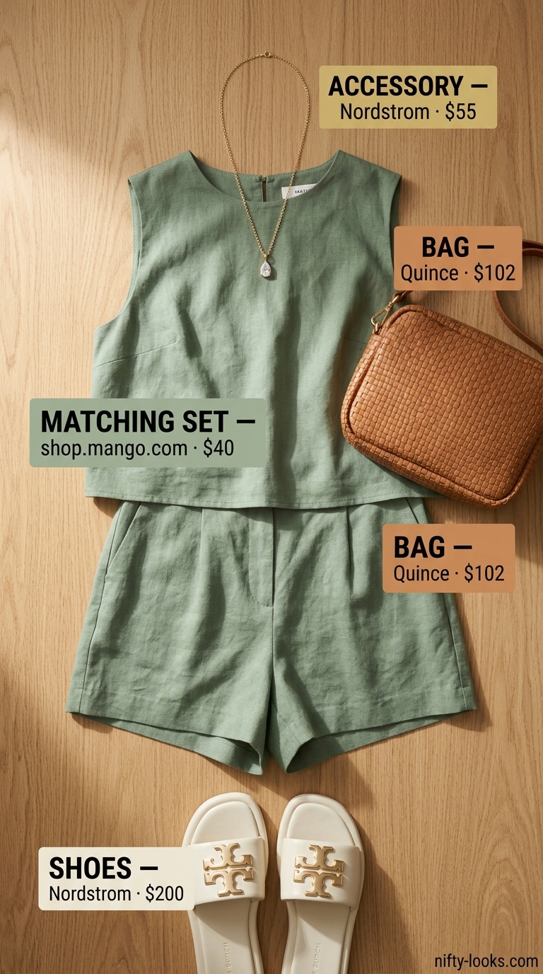 Cute summer clothes for women 2026: Sage green linen set, leather slides, and woven bag for vacation.