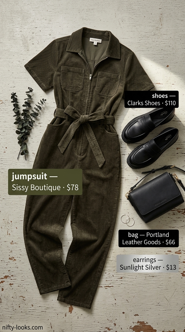 Cute summer clothes for women 2026: Olive green utility jumpsuit, black loafers, crossbody bag for travel.