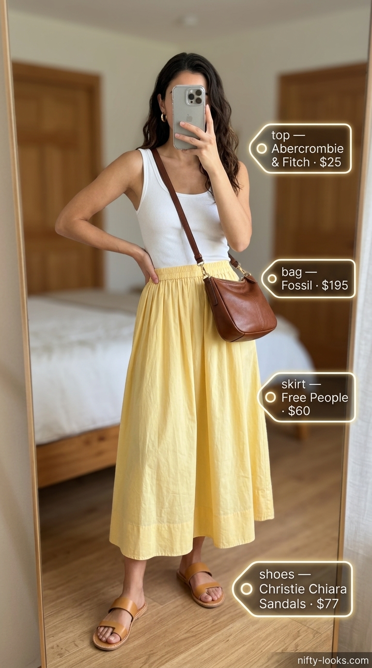 Cute yellow midi skirt outfit for women 2026: white tank, tan sandals, gold earrings, and a cognac bag for city strolls.