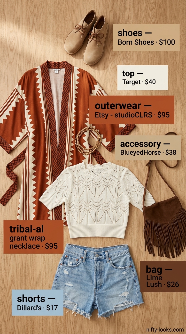 Boho festival outfit: distressed denim shorts, crochet top, fringe bag, kimono. Cute summer denim shorts for women 2026.