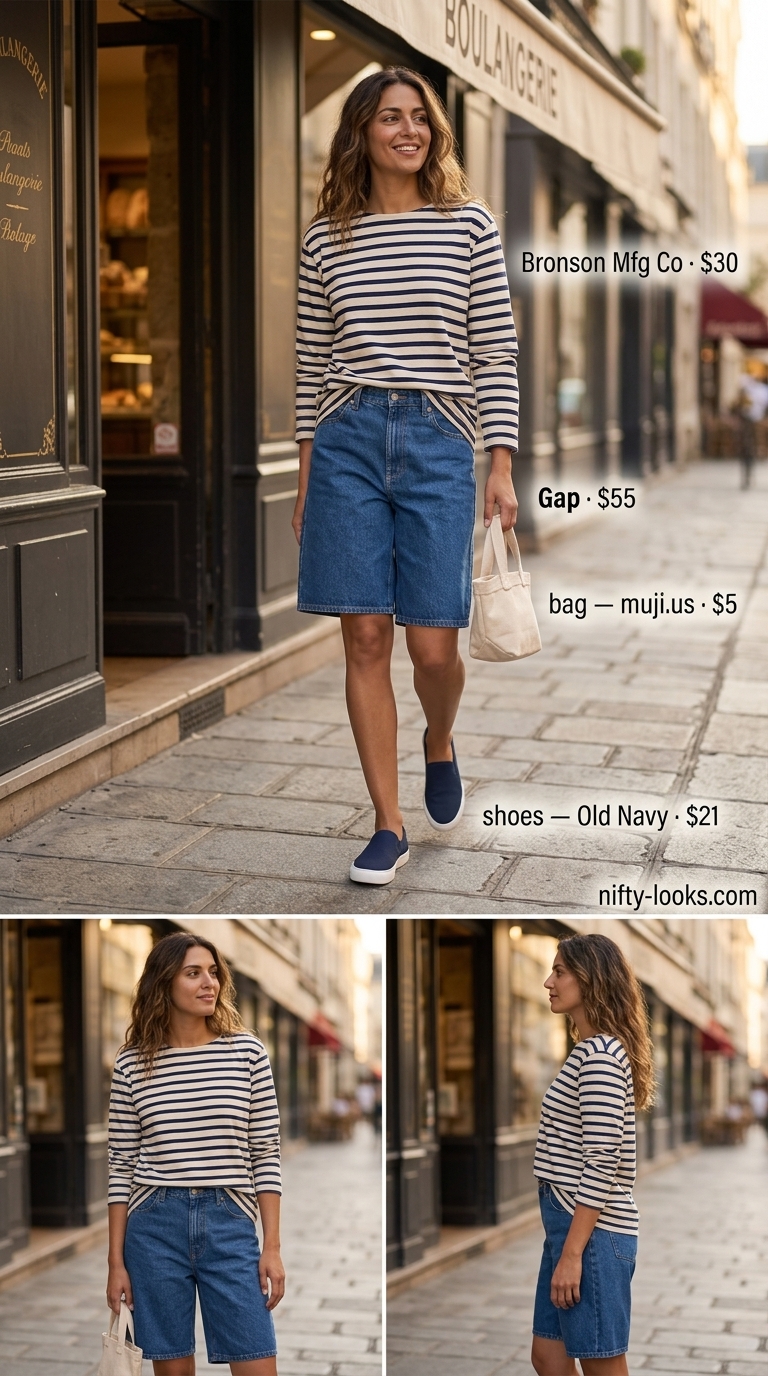Cute summer denim shorts for women 2026: mid-rise shorts, Breton stripe tee, red bandana for casual comfort.