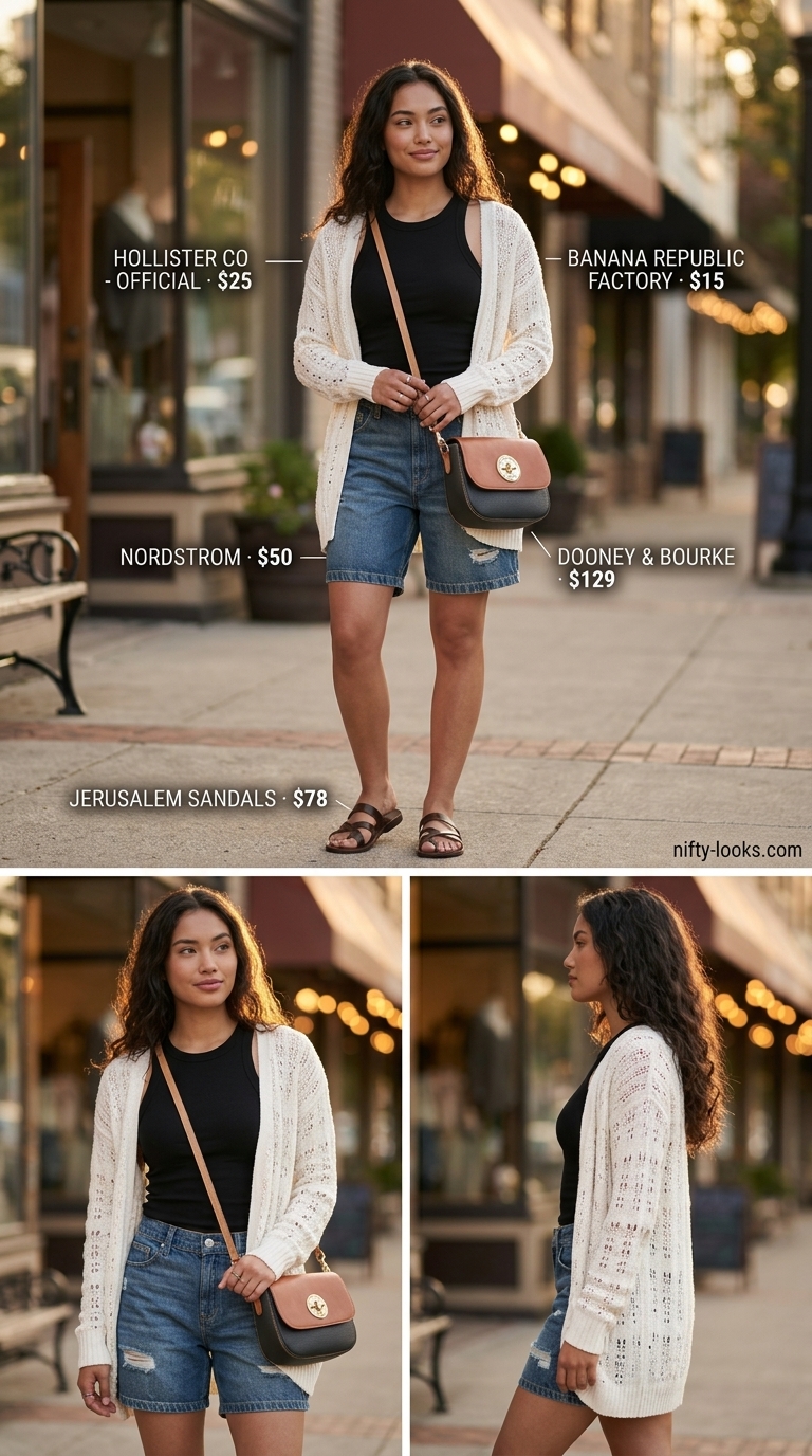 Cute summer denim shorts for women 2026: medium wash shorts, cream cardigan, black tank for casual Friday.