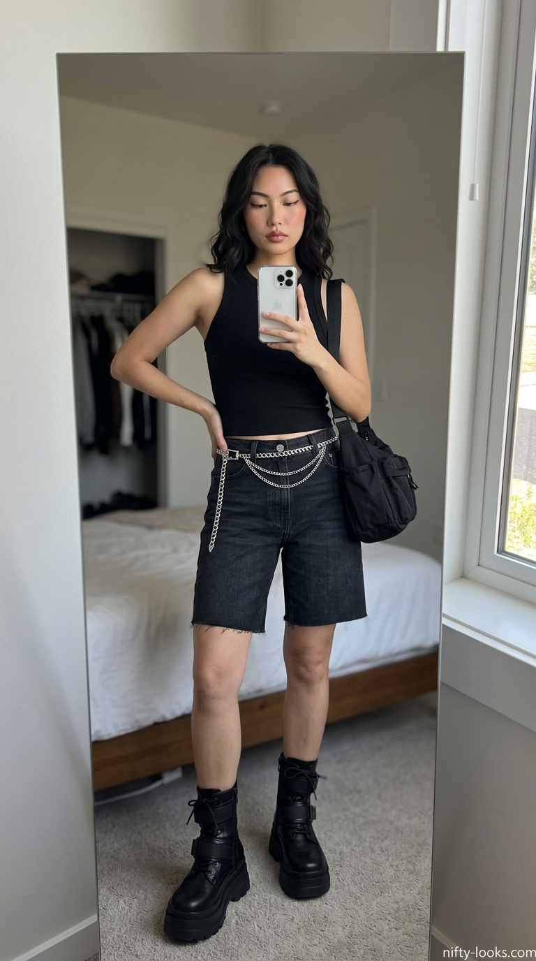 Cute summer denim shorts for women 2026: Black high-waisted raw hem shorts with a black ribbed tank top and chunky boots for an outdoor concert.