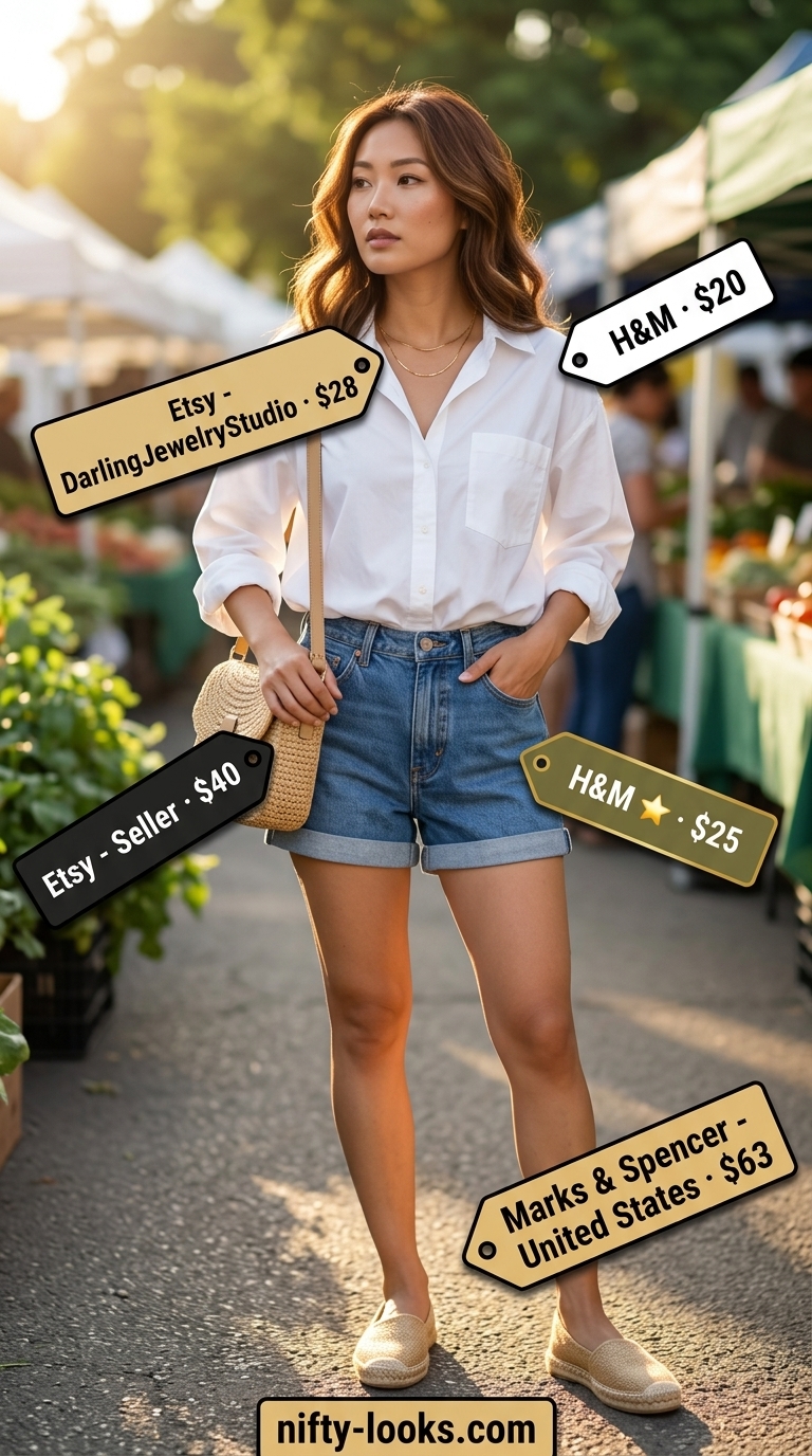 Cute summer denim shorts for women 2026: mom shorts, white oversized shirt, espadrilles for farmer's market.