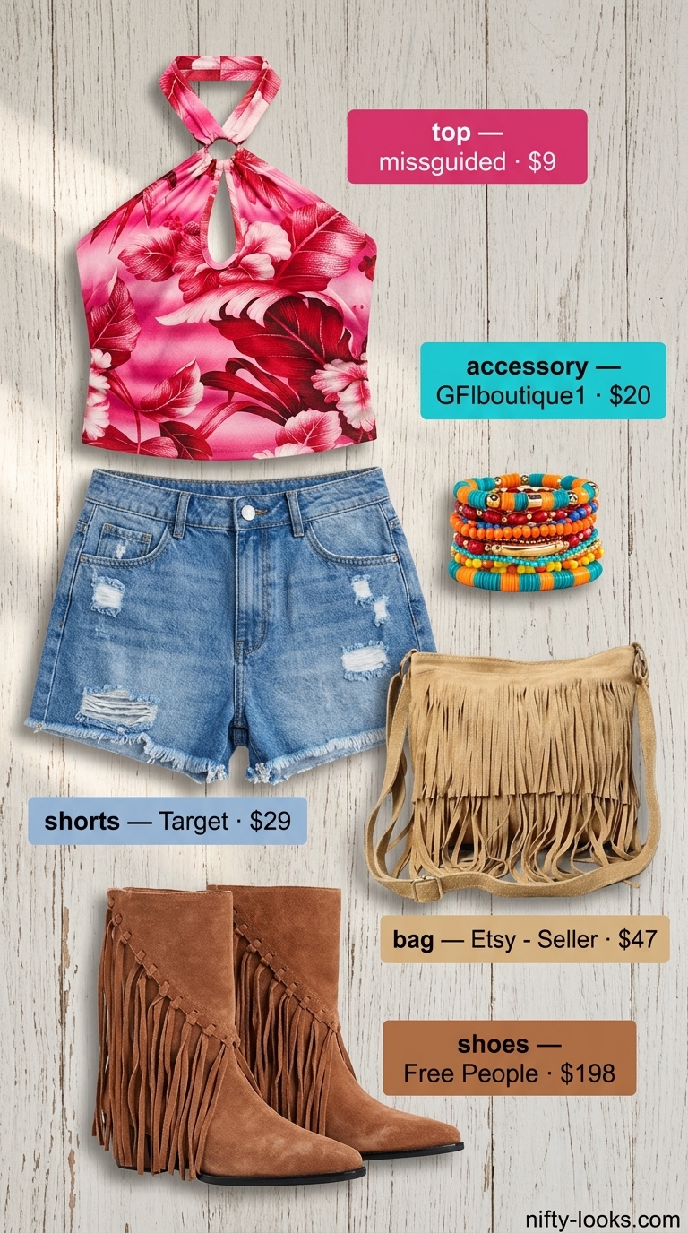 Festival ready outfit: distressed denim shorts, floral halter top, suede boots. Cute summer denim shorts for women 2026 style.