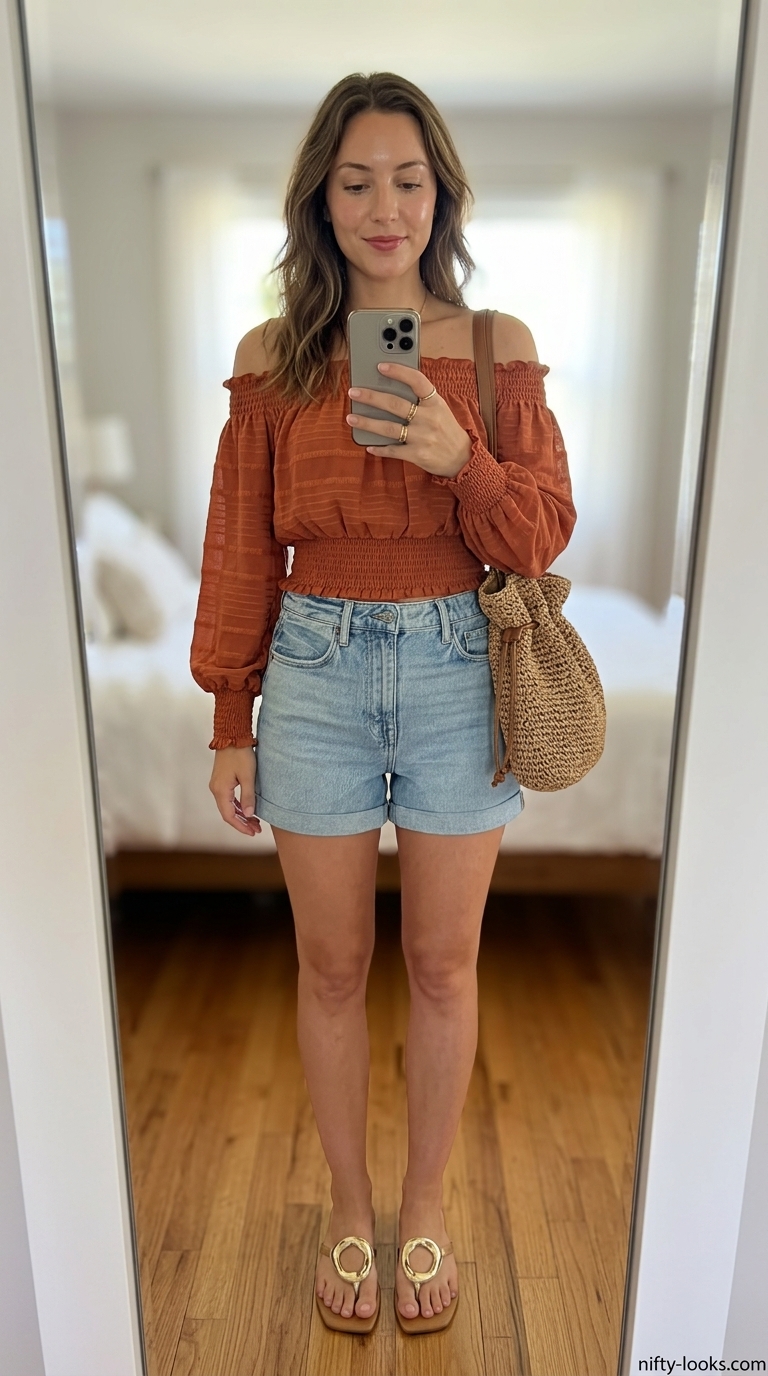 Romantic golden hour outfit: light wash denim shorts, peach off-shoulder top, straw bag. Cute summer denim shorts for women 2026.