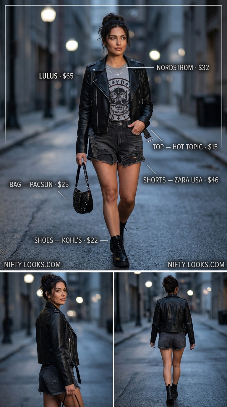 Cute summer denim shorts for women 2026: black denim shorts, band tee, moto jacket for modern edge.