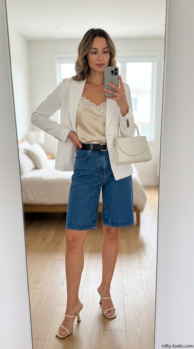 Cute summer denim shorts for women 2026: Tailored medium wash shorts with a blazer, camisole, and block heels for patio drinks.
