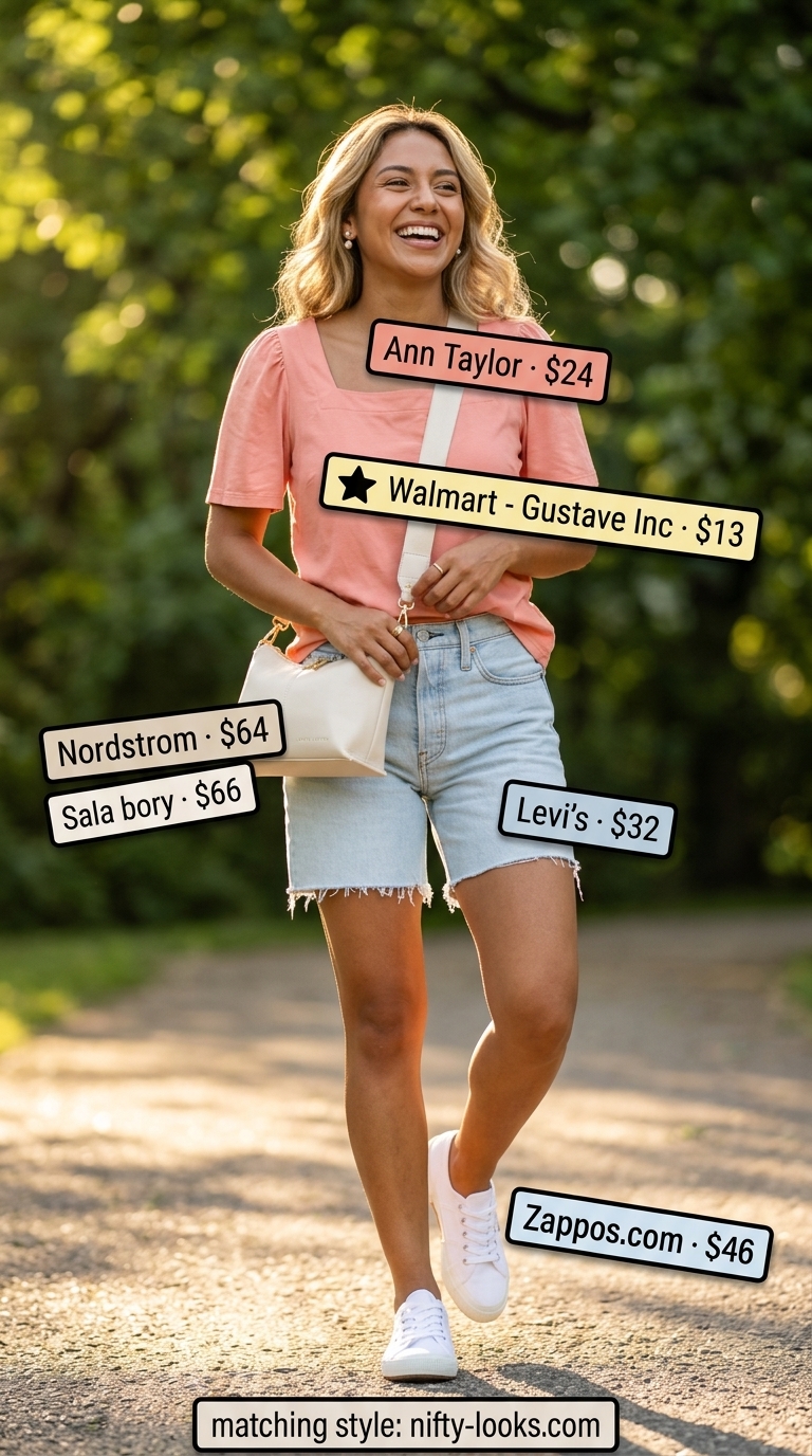Cute summer denim shorts for women 2026 outfit: light wash shorts, pastel pink puff sleeve top, white crossbody bag for a picnic.